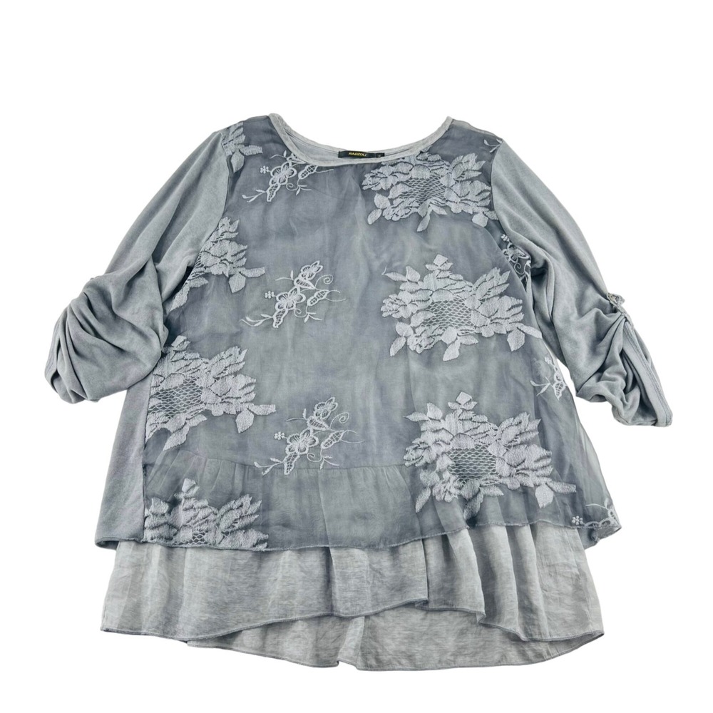 Radzou Women's Blouse size Medium 3/4 Sleeves Flowy Embroidered Lace Overlay Gra
